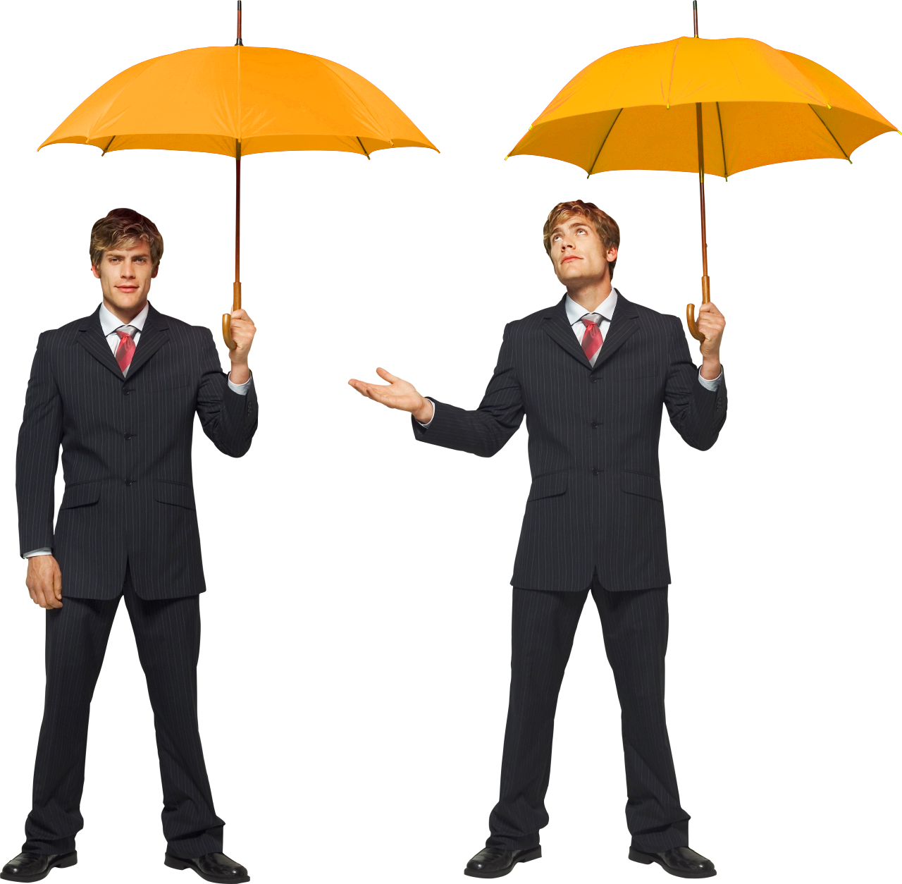 Kaksi miestä sateenvarjot kädessä sinisellä taustalla. Kuvan edessä Onnistutaan yhdessä -teksti.